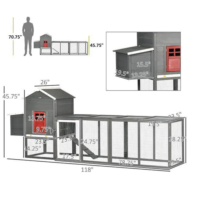 Alt view image 7 of 7 - PawHut 118" Extra Large Chicken Coop Asphalt Roof for 3-6 Chickens Gray | Wooden Hen Run, Slide-Out Tray, Nesting Box, Hen Hutch