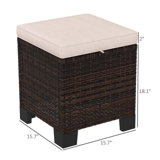 Alt view image 3 of 7 - 2 Pieces Outdoor Patio Ottomans All Weather PE Rattan Cream White | Wicker Footstools, Removable Cushions, 3-in-1 Ottoman Seat, Footrest, Side Table, for Backyard, Poolside