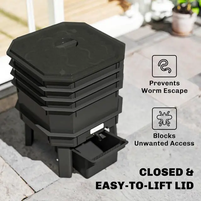 Alt view image 4 of 7 - 4-Tray Worm Composter Bin 7.4 Gal for Indoor & Outdoor, Black | Farm Starter Kits, Vermicomposting Starter, Garden Composting Bin, Recycling Food Waste