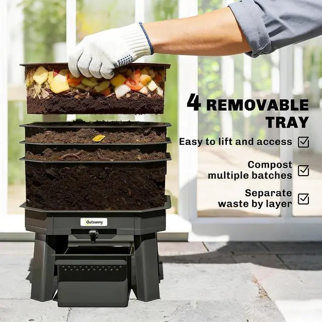 Alt view image 5 of 7 - 4-Tray Worm Composter Bin 7.4 Gal for Indoor & Outdoor, Orange | Farm Starter Kits, Vermicomposting Starter, Garden Composting Bin, Recycling Food Waste