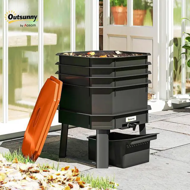 Alt view image 2 of 7 - 4-Tray Worm Composter Bin 7.4 Gal for Indoor & Outdoor, Orange | Farm Starter Kits, Vermicomposting Starter, Garden Composting Bin, Recycling Food Waste