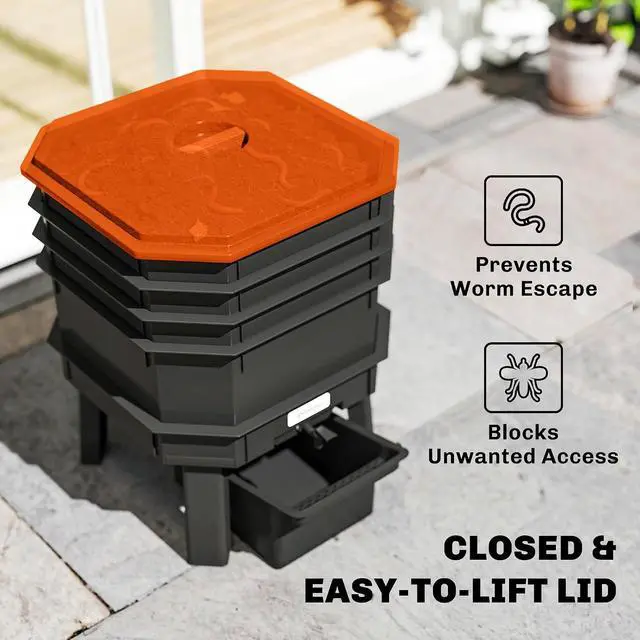Alt view image 4 of 7 - 4-Tray Worm Composter Bin 7.4 Gal for Indoor & Outdoor, Orange | Farm Starter Kits, Vermicomposting Starter, Garden Composting Bin, Recycling Food Waste