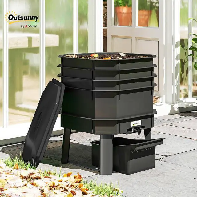 Alt view image 2 of 7 - 4-Tray Worm Composter Bin 7.4 Gal for Indoor & Outdoor, Black | Farm Starter Kits, Vermicomposting Starter, Garden Composting Bin, Recycling Food Waste
