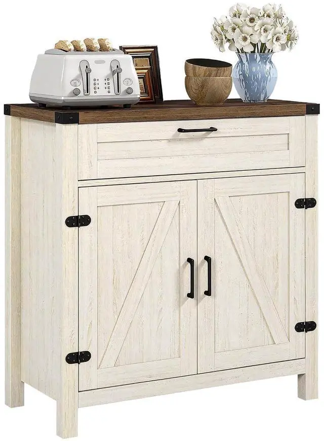 Main image of Sideboard, Storage Drawer, Coffee Bar Cabinet, Distressed White | Kitchen Cabinet, 2 Barn Doors, Modern Farmhouse