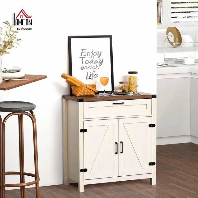 Alt view image 2 of 7 - Sideboard, Storage Drawer, Coffee Bar Cabinet, Distressed White | Kitchen Cabinet, 2 Barn Doors, Modern Farmhouse