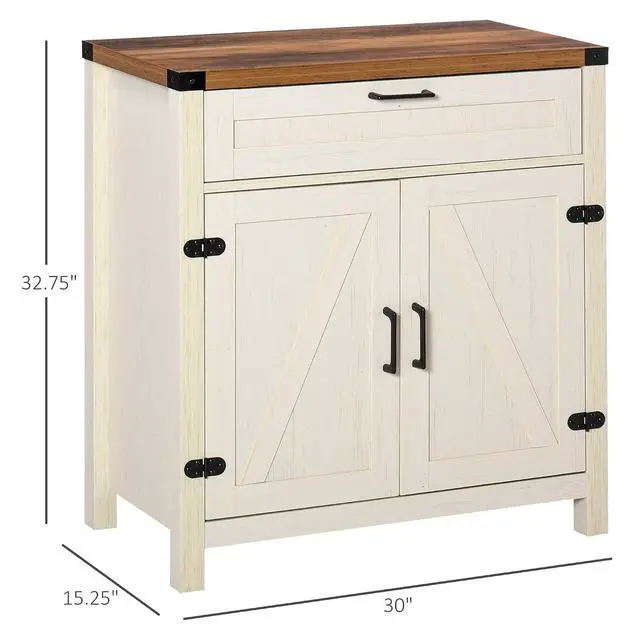 Alt view image 3 of 7 - Sideboard, Storage Drawer, Coffee Bar Cabinet, Distressed White | Kitchen Cabinet, 2 Barn Doors, Modern Farmhouse