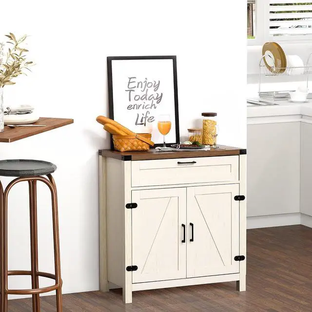 Alt view image 4 of 7 - Sideboard, Storage Drawer, Coffee Bar Cabinet, Distressed White | Kitchen Cabinet, 2 Barn Doors, Modern Farmhouse
