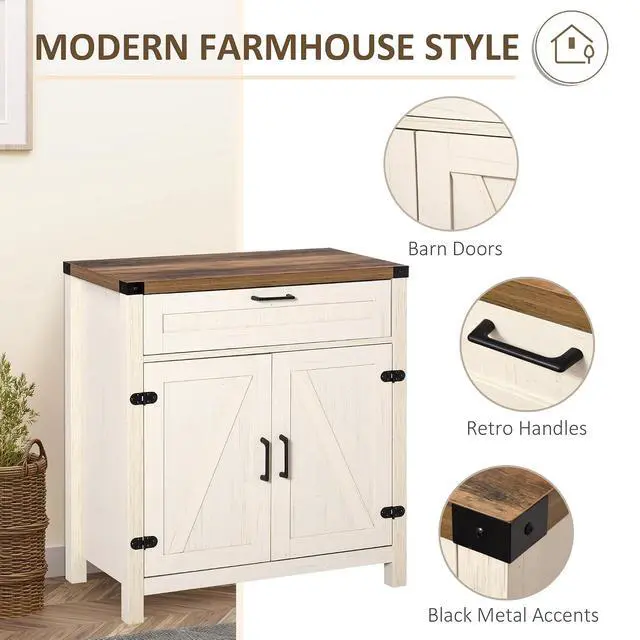 Alt view image 7 of 7 - Sideboard, Storage Drawer, Coffee Bar Cabinet, Distressed White | Kitchen Cabinet, 2 Barn Doors, Modern Farmhouse