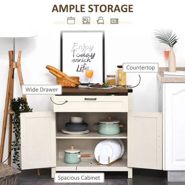 Alt view image 5 of 7 - Sideboard, Storage Drawer, Coffee Bar Cabinet, Distressed White | Kitchen Cabinet, 2 Barn Doors, Modern Farmhouse