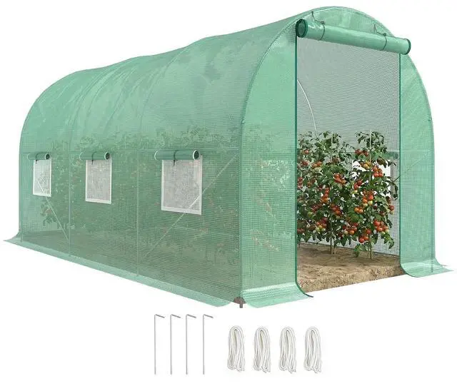 Main image of 15' x 6' x 7' Walk-in Tunnel Greenhouse, Garden Green House, Green | Roll-Up Door, Windows, Plant Growing House, Patio Backyard Garden