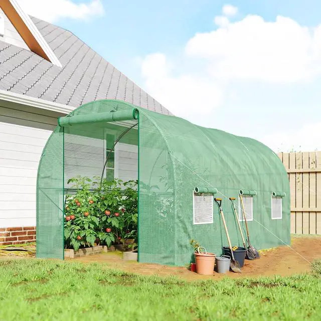 Alt view image 2 of 7 - 15' x 6' x 7' Walk-in Tunnel Greenhouse, Garden Green House, Green | Roll-Up Door, Windows, Plant Growing House, Patio Backyard Garden