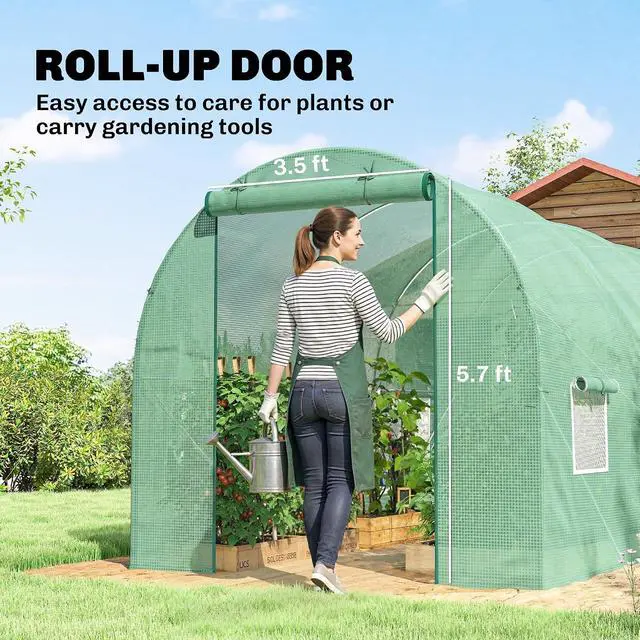 Alt view image 5 of 7 - 15' x 6' x 7' Walk-in Tunnel Greenhouse, Garden Green House, Green | Roll-Up Door, Windows, Plant Growing House, Patio Backyard Garden