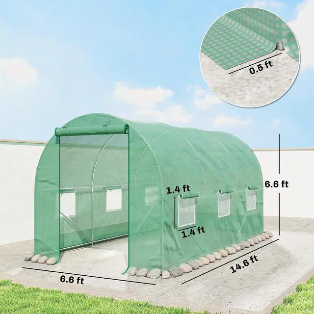 Alt view image 7 of 7 - 15' x 6' x 7' Walk-in Tunnel Greenhouse, Garden Green House, Green | Roll-Up Door, Windows, Plant Growing House, Patio Backyard Garden