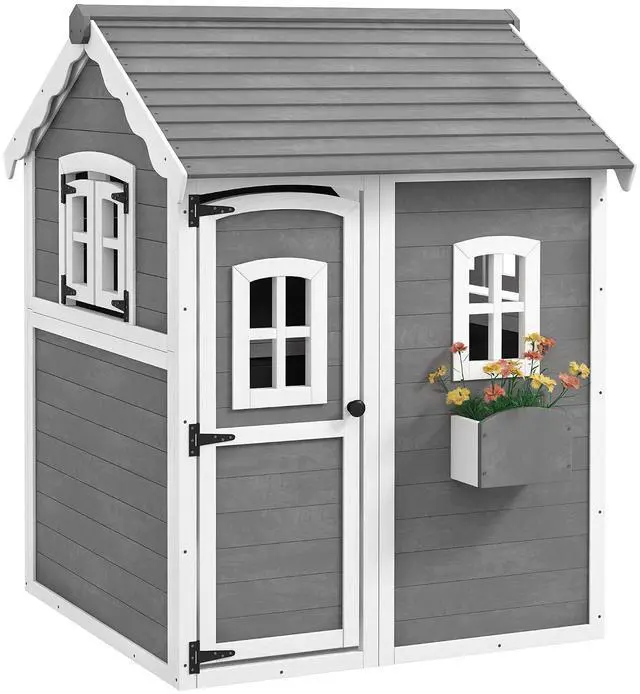 Main image of Playhouse for Kids Outdoor Floor Door Windows Planter Box Gray | Wooden Playhouse, 3-8 Year Olds, Backyard, Lawn, Garden