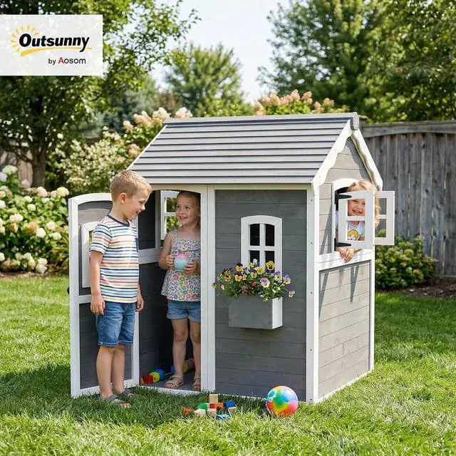 Alt view image 2 of 7 - Playhouse for Kids Outdoor Floor Door Windows Planter Box Gray | Wooden Playhouse, 3-8 Year Olds, Backyard, Lawn, Garden