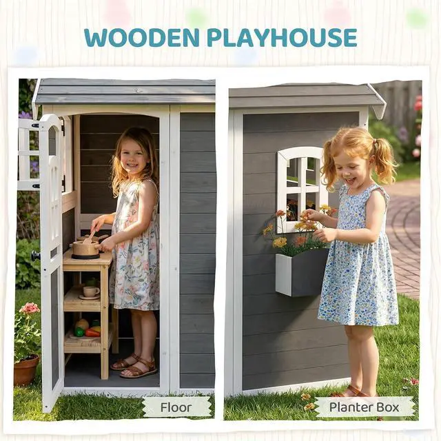 Alt view image 3 of 7 - Playhouse for Kids Outdoor Floor Door Windows Planter Box Gray | Wooden Playhouse, 3-8 Year Olds, Backyard, Lawn, Garden