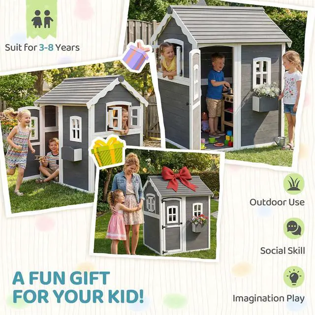 Alt view image 5 of 7 - Playhouse for Kids Outdoor Floor Door Windows Planter Box Gray | Wooden Playhouse, 3-8 Year Olds, Backyard, Lawn, Garden