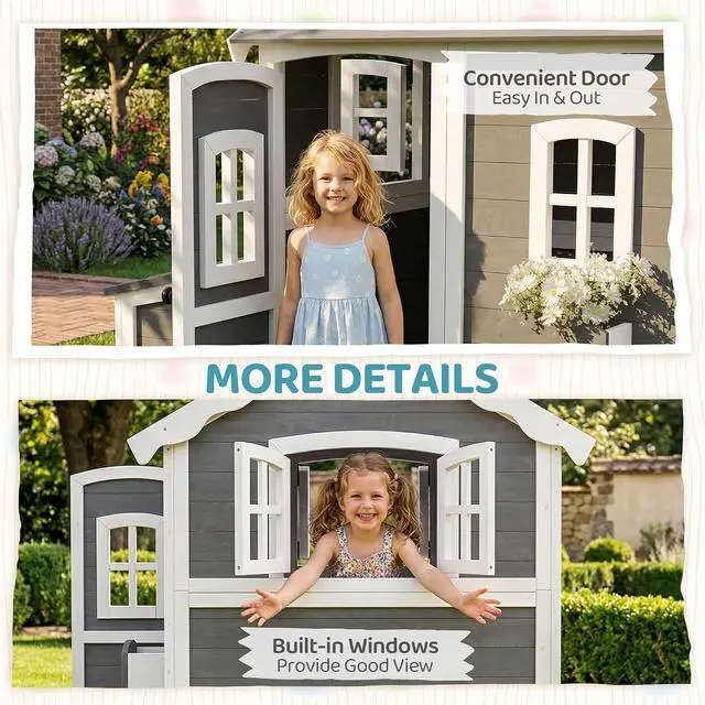 Alt view image 6 of 7 - Playhouse for Kids Outdoor Floor Door Windows Planter Box Gray | Wooden Playhouse, 3-8 Year Olds, Backyard, Lawn, Garden