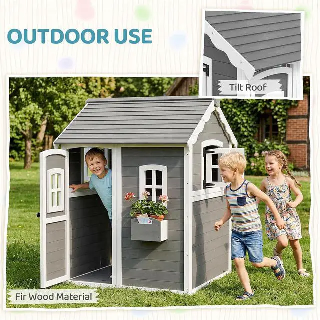 Alt view image 4 of 7 - Playhouse for Kids Outdoor Floor Door Windows Planter Box Gray | Wooden Playhouse, 3-8 Year Olds, Backyard, Lawn, Garden