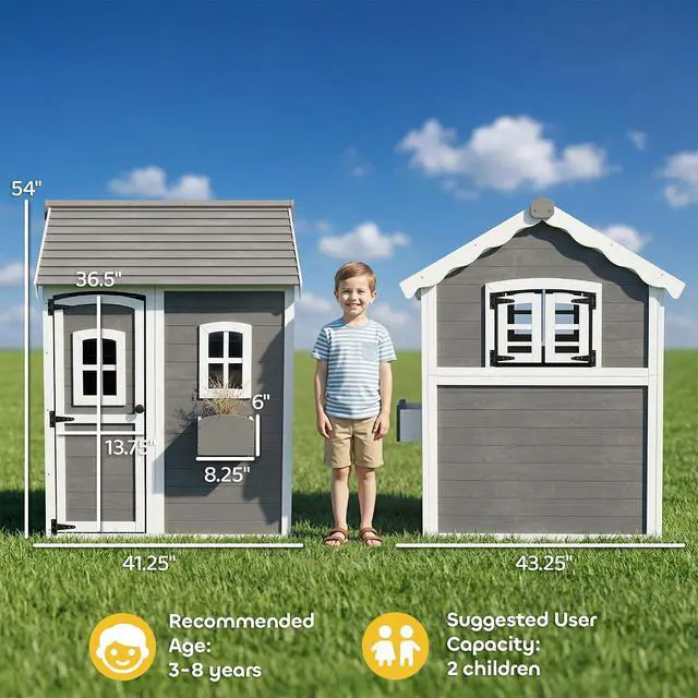 Alt view image 7 of 7 - Playhouse for Kids Outdoor Floor Door Windows Planter Box Gray | Wooden Playhouse, 3-8 Year Olds, Backyard, Lawn, Garden