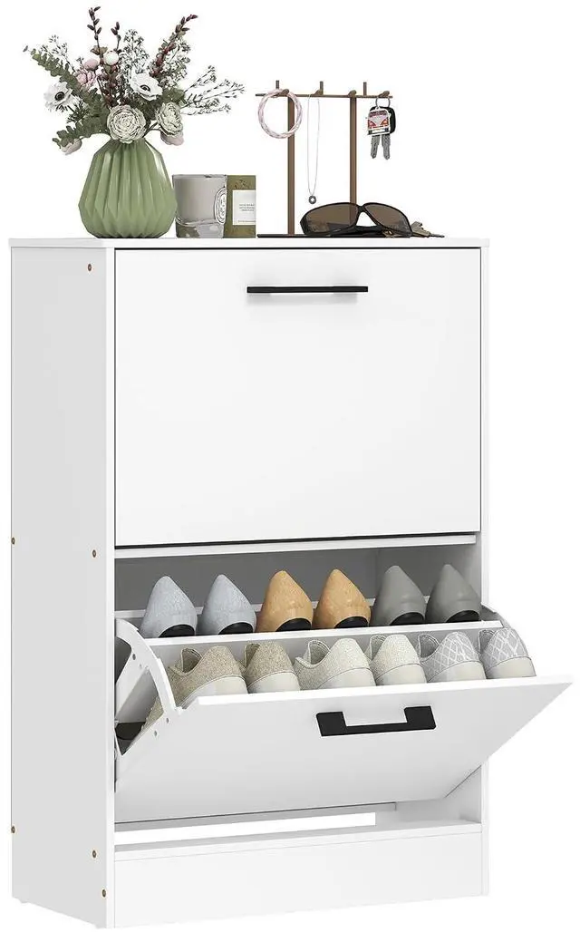 Main image of Shoe Cabinet with 2 Flip Drawers, up to 12 Pairs, White | Narrow Storage Cabinet, Adjustable Dividers, Entryway Shoe Storage Unit, for Hallway