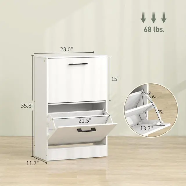 Alt view image 3 of 7 - Shoe Cabinet with 2 Flip Drawers, up to 12 Pairs, White | Narrow Storage Cabinet, Adjustable Dividers, Entryway Shoe Storage Unit, for Hallway