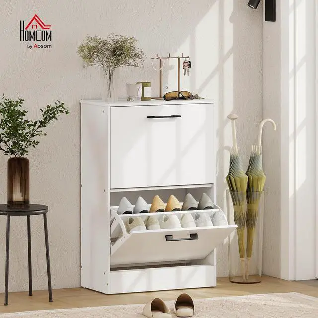 Alt view image 2 of 7 - Shoe Cabinet with 2 Flip Drawers, up to 12 Pairs, White | Narrow Storage Cabinet, Adjustable Dividers, Entryway Shoe Storage Unit, for Hallway