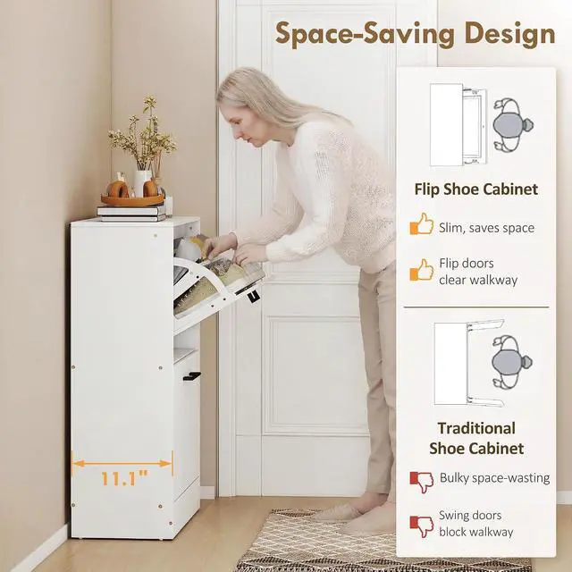 Alt view image 5 of 7 - Shoe Cabinet with 2 Flip Drawers, up to 12 Pairs, White | Narrow Storage Cabinet, Adjustable Dividers, Entryway Shoe Storage Unit, for Hallway