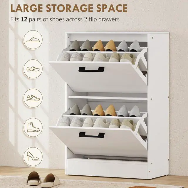 Alt view image 4 of 7 - Shoe Cabinet with 2 Flip Drawers, up to 12 Pairs, White | Narrow Storage Cabinet, Adjustable Dividers, Entryway Shoe Storage Unit, for Hallway