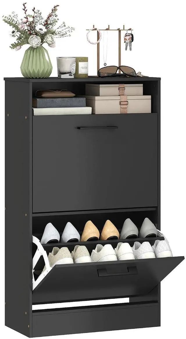 Main image of Shoe Cabinet with 2 Flip Drawers, Open Shelf, up to 12 Pairs, Black | Narrow Storage Cabinet, Adjustable Dividers, Entryway Shoe Storage Unit, for Hallway