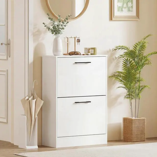 Alt view image 7 of 7 - Shoe Cabinet with 2 Flip Drawers, up to 12 Pairs, White | Narrow Storage Cabinet, Adjustable Dividers, Entryway Shoe Storage Unit, for Hallway