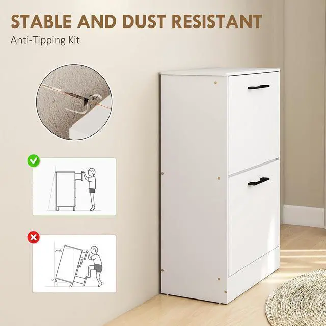 Alt view image 6 of 7 - Shoe Cabinet with 2 Flip Drawers, up to 12 Pairs, White | Narrow Storage Cabinet, Adjustable Dividers, Entryway Shoe Storage Unit, for Hallway