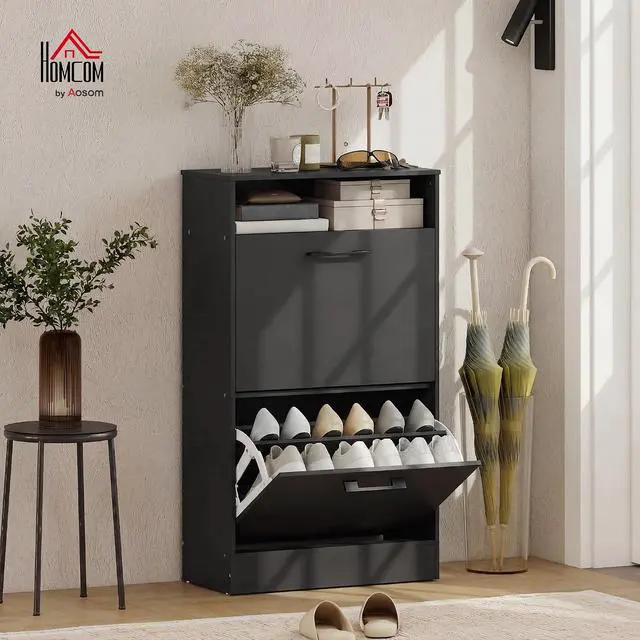 Alt view image 2 of 7 - Shoe Cabinet with 2 Flip Drawers, Open Shelf, up to 12 Pairs, Black | Narrow Storage Cabinet, Adjustable Dividers, Entryway Shoe Storage Unit, for Hallway