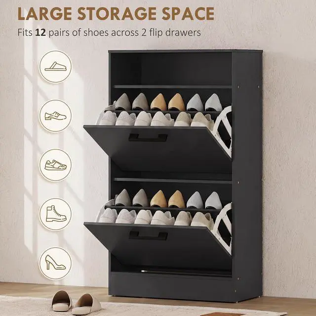 Alt view image 4 of 7 - Shoe Cabinet with 2 Flip Drawers, Open Shelf, up to 12 Pairs, Black | Narrow Storage Cabinet, Adjustable Dividers, Entryway Shoe Storage Unit, for Hallway