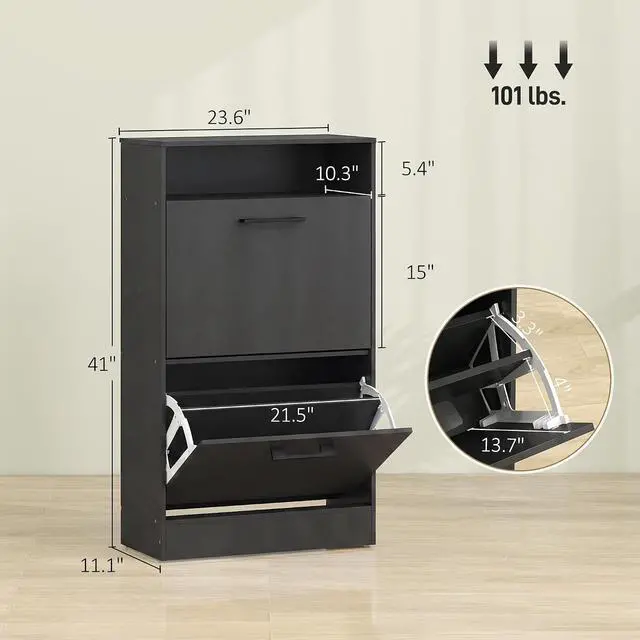 Alt view image 3 of 7 - Shoe Cabinet with 2 Flip Drawers, Open Shelf, up to 12 Pairs, Black | Narrow Storage Cabinet, Adjustable Dividers, Entryway Shoe Storage Unit, for Hallway