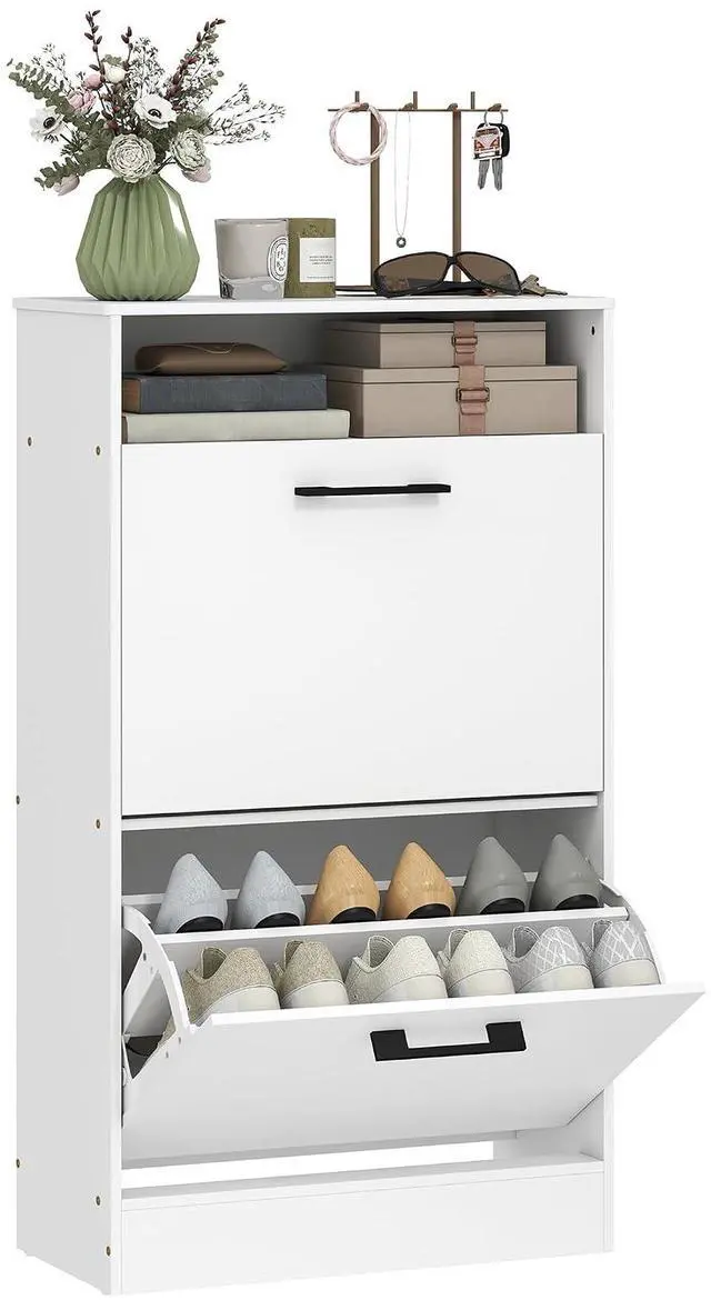 Main image of Shoe Cabinet with 2 Flip Drawers, Open Shelf, up to 12 Pairs, White | Narrow Storage Cabinet, Adjustable Dividers, Entryway Shoe Storage Unit, for Hallway