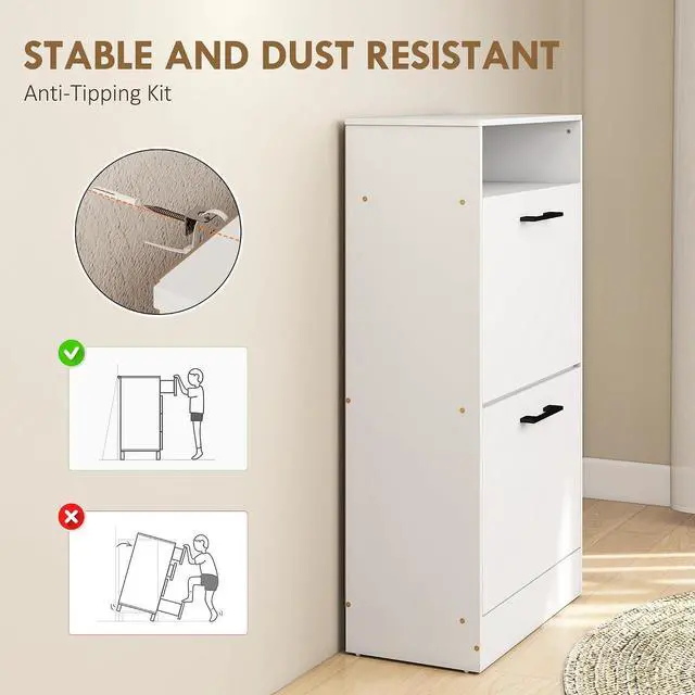 Alt view image 7 of 7 - Shoe Cabinet with 2 Flip Drawers, Open Shelf, up to 12 Pairs, White | Narrow Storage Cabinet, Adjustable Dividers, Entryway Shoe Storage Unit, for Hallway