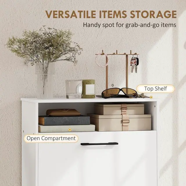 Alt view image 6 of 7 - Shoe Cabinet with 2 Flip Drawers, Open Shelf, up to 12 Pairs, White | Narrow Storage Cabinet, Adjustable Dividers, Entryway Shoe Storage Unit, for Hallway