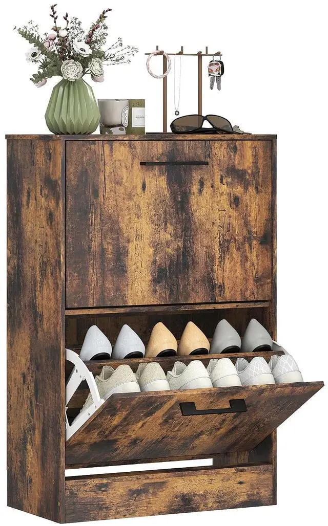 Main image of Shoe Cabinet with 2 Flip Drawers, up to 12 Pairs, Rustic Brown | Narrow Storage Cabinet, Adjustable Dividers, Entryway Shoe Storage Unit, for Hallway