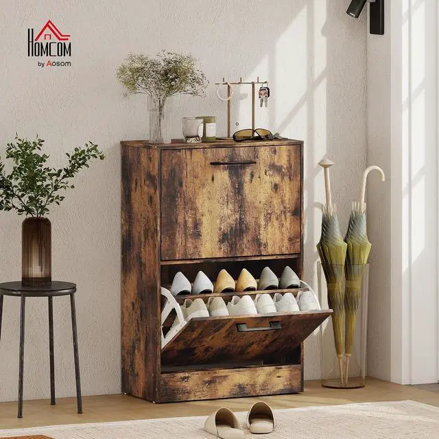 Alt view image 2 of 7 - Shoe Cabinet with 2 Flip Drawers, up to 12 Pairs, Rustic Brown | Narrow Storage Cabinet, Adjustable Dividers, Entryway Shoe Storage Unit, for Hallway