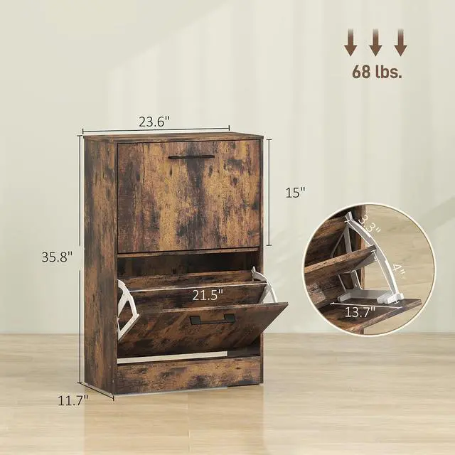 Alt view image 3 of 7 - Shoe Cabinet with 2 Flip Drawers, up to 12 Pairs, Rustic Brown | Narrow Storage Cabinet, Adjustable Dividers, Entryway Shoe Storage Unit, for Hallway