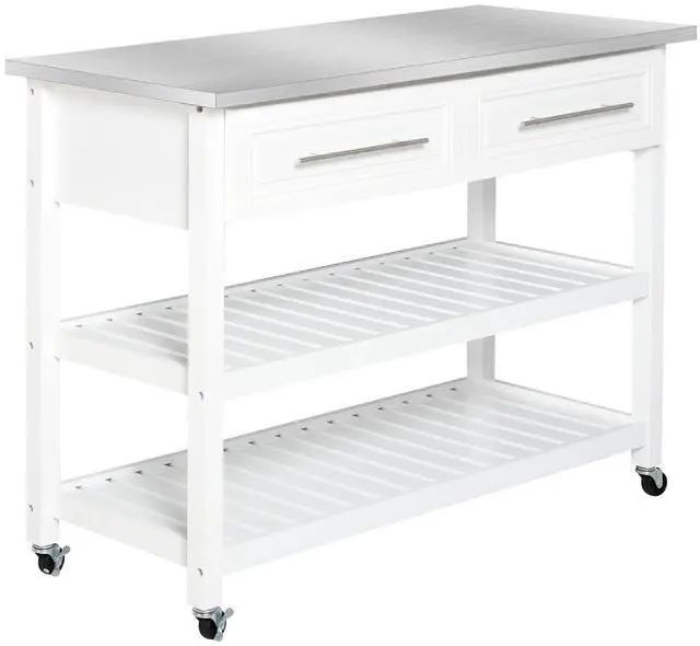 Main image of Kitchen Island, Stainless Steel Top, 2-Tier Open Shelves, White | Traditional Kitchen Island with Storage, Butcher Block Cart, Drawers