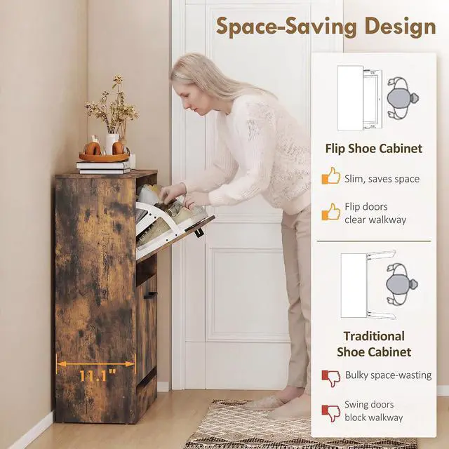 Alt view image 5 of 7 - Shoe Cabinet with 2 Flip Drawers, up to 12 Pairs, Rustic Brown | Narrow Storage Cabinet, Adjustable Dividers, Entryway Shoe Storage Unit, for Hallway