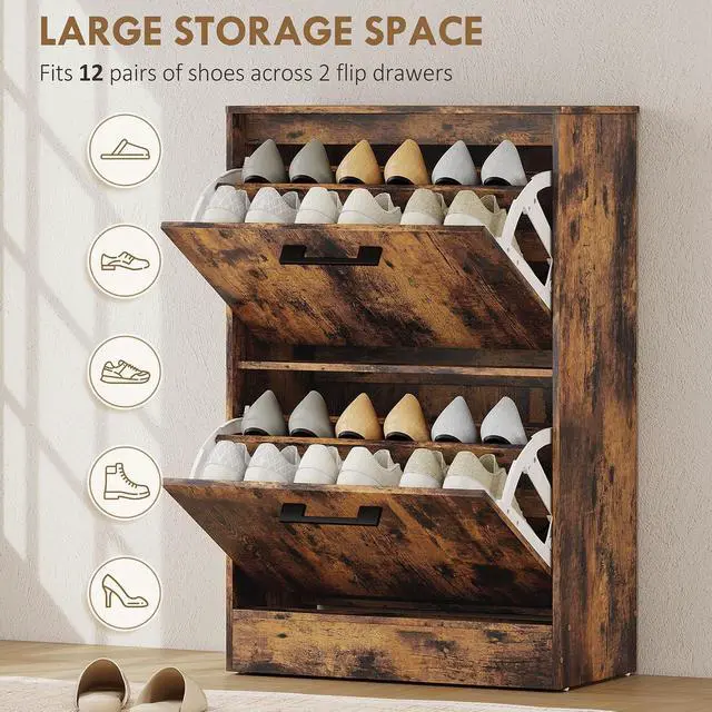 Alt view image 4 of 7 - Shoe Cabinet with 2 Flip Drawers, up to 12 Pairs, Rustic Brown | Narrow Storage Cabinet, Adjustable Dividers, Entryway Shoe Storage Unit, for Hallway