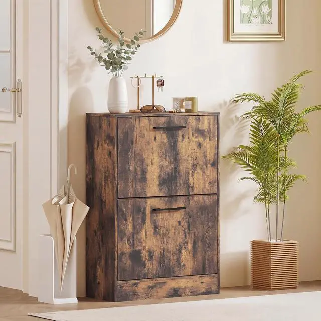 Alt view image 7 of 7 - Shoe Cabinet with 2 Flip Drawers, up to 12 Pairs, Rustic Brown | Narrow Storage Cabinet, Adjustable Dividers, Entryway Shoe Storage Unit, for Hallway