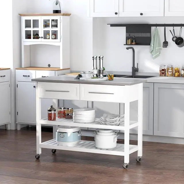 Alt view image 2 of 7 - Kitchen Island, Stainless Steel Top, 2-Tier Open Shelves, White | Traditional Kitchen Island with Storage, Butcher Block Cart, Drawers