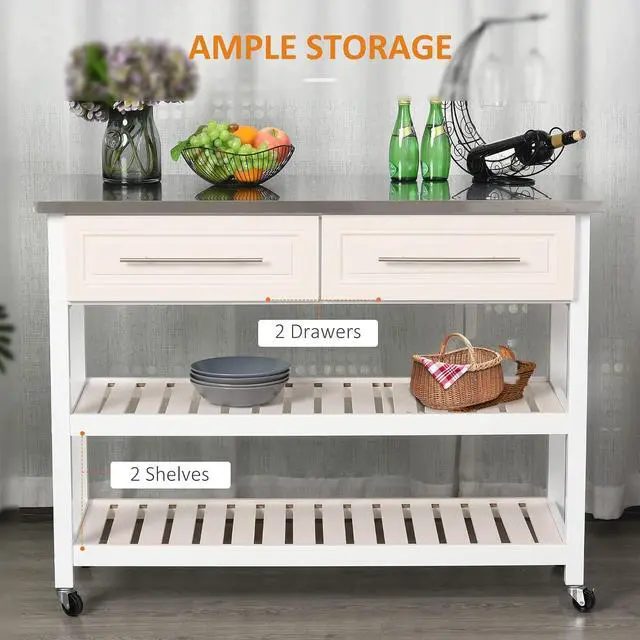 Alt view image 4 of 7 - Kitchen Island, Stainless Steel Top, 2-Tier Open Shelves, White | Traditional Kitchen Island with Storage, Butcher Block Cart, Drawers