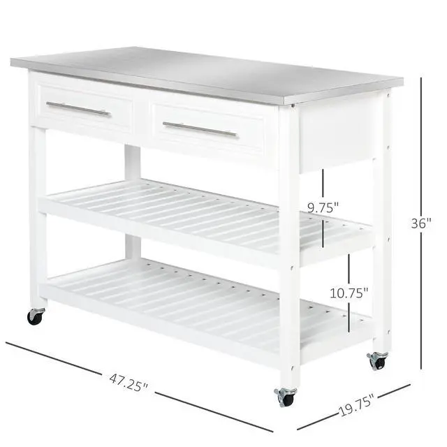 Alt view image 7 of 7 - Kitchen Island, Stainless Steel Top, 2-Tier Open Shelves, White | Traditional Kitchen Island with Storage, Butcher Block Cart, Drawers