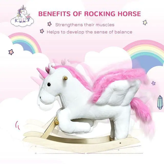 Alt view image 3 of 7 - Qaba Unicorn Baby Rocking Horse Toy for Kids with Heavy-Duty Support System | Lullaby Song, Plush Ride on Horse, Pretend Play Interactive Toy, for Toddlers 18-36 Months
