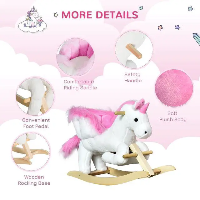 Alt view image 5 of 7 - Qaba Unicorn Baby Rocking Horse Toy for Kids with Heavy-Duty Support System | Lullaby Song, Plush Ride on Horse, Pretend Play Interactive Toy, for Toddlers 18-36 Months